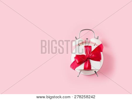 Valentines Day Concept Pastel Minimalis, Time To Gift On Pink Background, Top View, Copy Space
