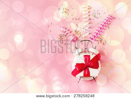 Valentines Day Concept Pastel Minimalis, Time To Gift On Pink Background, Top View, Copy Space