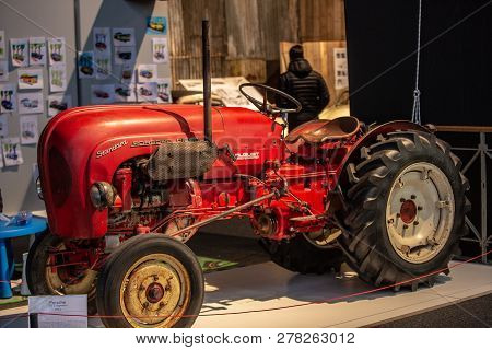 Brussel, Belgium - December 28, 2018: Porsche Vigneron Tractor 1963  Autoworld Belgium 2018