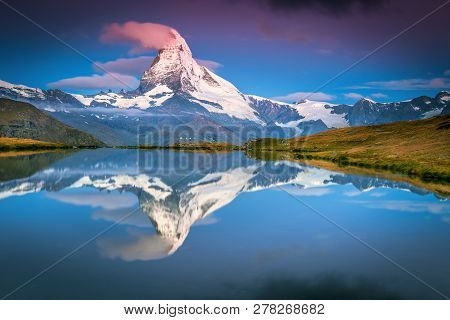 Famous Photography And Hiking Destination, Spectacular Sunrise With Fantastic Matterhorn And Gorgeou