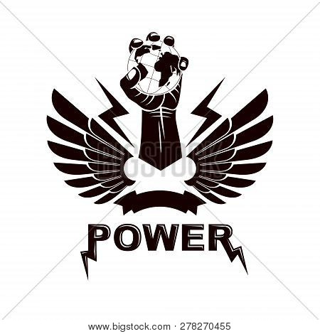 Winged Vector Emblem Composed With Raised Clenched Fist Composed With Earth Illustration. Authority 