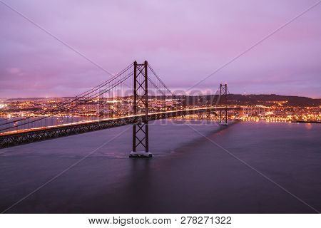 June 10, 2018. Lisbon, Portugal. The 25 De Abril Bridge Is A Bridge Connecting The City Of Lisbon To