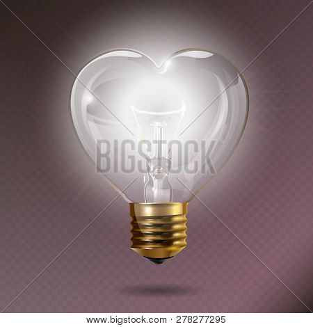 Valentines Day Background. Transparent Glowing Electric Light Bulb With A Gold Base. Heart Shape. Re
