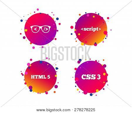 Programmer Coder Glasses Icon. Html5 Markup Language And Css3 Cascading Style Sheets Sign Symbols. G