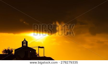 Agios Fokas Near Monemvasia In Stormy Weather Overcast Sky, Sunrise. Small Cemetery On Sea Shore, Ma