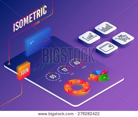Isometric Vector. Set Of Column Chart, Cross Sell And Chart Icons. Money Wallet Sign. Financial Grap