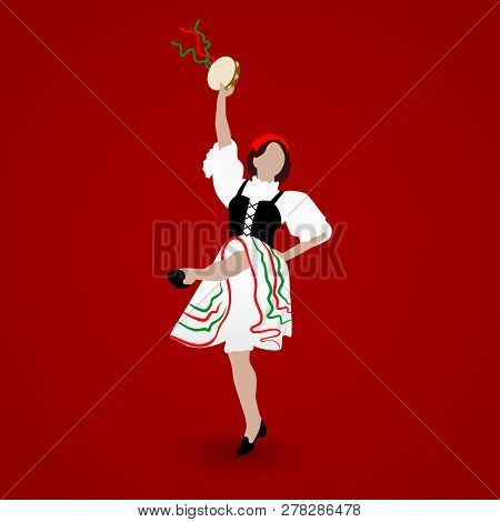 A Young Girl Dressed In A National Costume Dancing An Italian Tarantella With A Tambourine On Red Ba