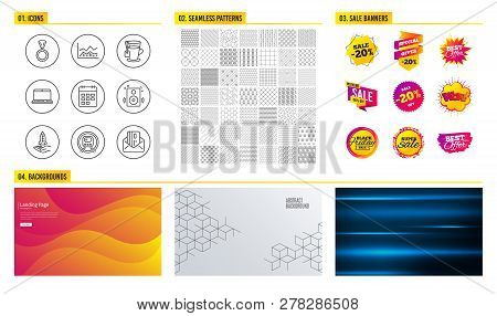 Seamless Pattern. Shopping Sale Banners. Set Of Crowdfunding, Tea And Speakers Icons. Notebook, Cale