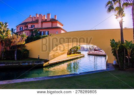 Port Of Sotogrande. Port, Sea, Yachts And Colorful Houses. Sotogrande, Costa Del Sol, Andalusia, Spa