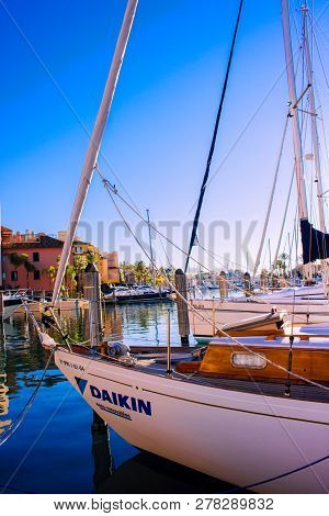 Port Of Sotogrande. Port, Sea, Yachts And Colorful Houses. Sotogrande, Costa Del Sol, Andalusia, Spa