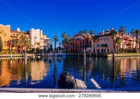 Port Of Sotogrande. Port, Sea, Yachts And Colorful Houses. Sotogrande, Costa Del Sol, Andalusia, Spa