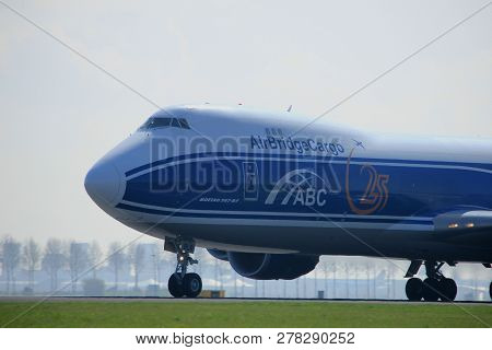 Amsterdam The Netherlands - April 2nd, 2017: Vq-blr Airbridgecargo Boeing 747-8f Takeoff From Polder