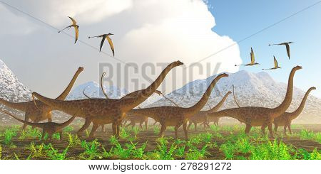 Diplodocus Dinosaur Migration 3d Illustration - A Herd Of Diplodocus Sauropod Dinosaurs On Their Yea