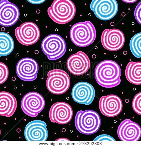 Round Sweet Candy. Seamless Pattern. Vector Illustration On Dark Texture. Abstract Girly Design