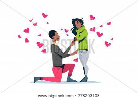 Man Kneeling Holding Engagement Ring Proposing Woman Marry Him Happy Valentines Day Concept African 