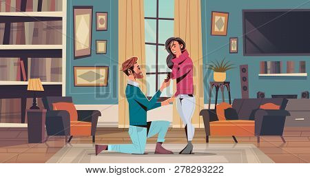 Man Kneeling Holding Engagement Ring Proposing Woman Marry Him Happy Valentines Day Concept Couple I
