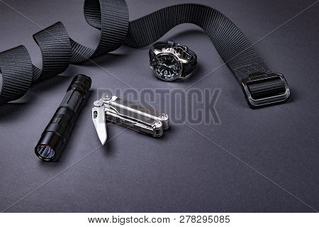 Everyday Carry (edc) Items For Men In Black Color - Tactical Belt, Flashlight,  Watch And Silver Mul