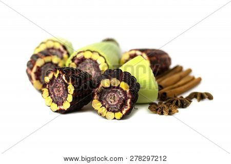 Fresh Purple Corn Fruit Isolate On White Cut Haff