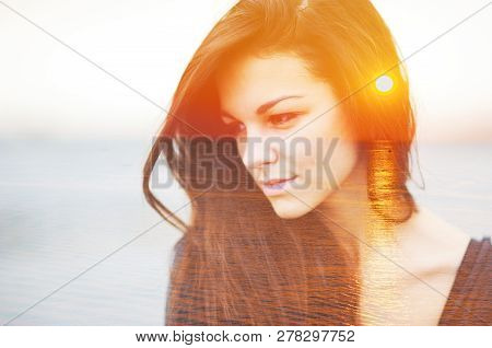 Double Multiply Exposure Portrait Of A Dreamy Cute Beautiful Smart Woman Outdoors, Combined With Pho
