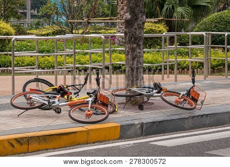 Xiamen, China - 31 October 2018: Rental Bikes Abandoned On Street In Xiamen