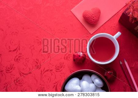 Valentine's Day Holiday Celebration Background, Cup Of Juice And Gift Box.