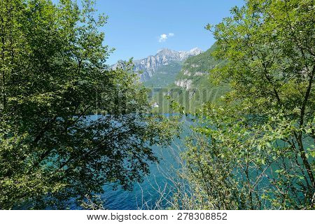 Photo View Of Molveno Lake In Dolomites Italy