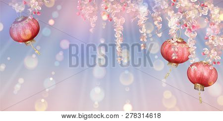 Traditional Spring Festival Background With Flying Petals And Silk Lanterns. Flowers And Petals In T