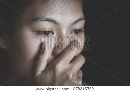 Teenage Girls With Problems, Sad Depressed Woman Suffering From Family Life. Women Sitting In Dark R