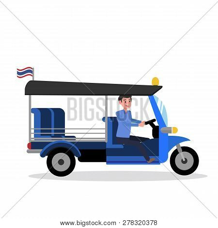 Tuk Tukthailand Design With Driver And Isolated White Background Vector.taxi Driver Bangkok Thailad.