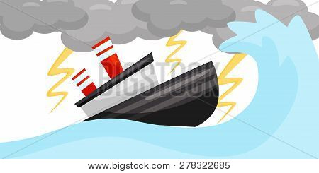 Flat Vector Scene With Ship In Strong Lightning Storm. Sea Wave And Dark Gray Clouds. Extreme Weathe