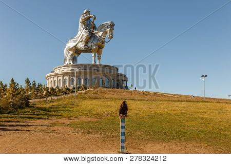 Tsonjin Boldog, Mongolia - September 14, 2018: The Giant Genghis Khan Equestrian Statue Is Part Of T