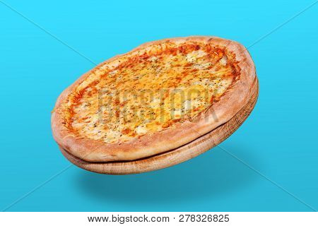 Flying Italian Cheese Pizza, On Turquoise Punchy Background, Concept