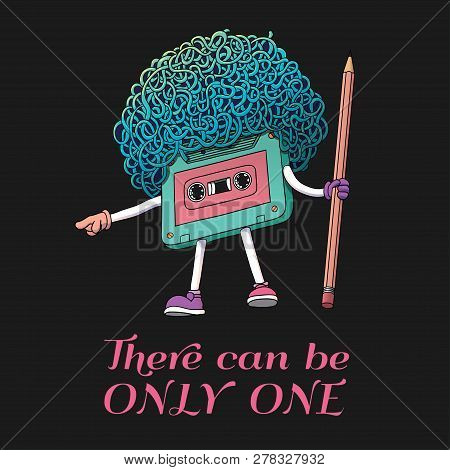 Compact Cassette Tape Character With Pencil. Super Afro Haircut Style. Mixtape Illustration.  There 