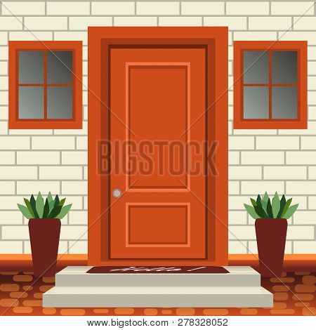 House Door Front With Doorstep And Steps, Lamp, Flowers In Pots, Building Entry Facade, Exterior Ent