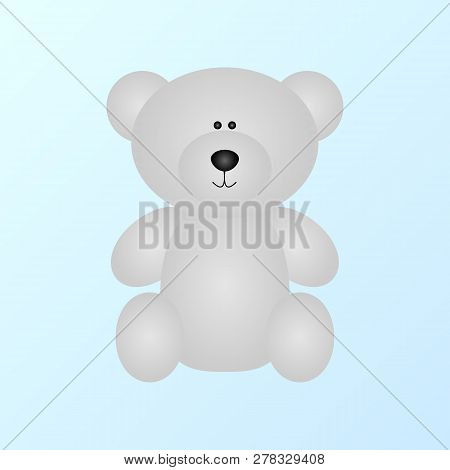 Cute North Arctic Polar White Bear Toy In Gradient Color Sitting On White Blue Snow Background, Stoc