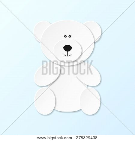 Cute North Arctic Polar White Bear Toy In Paper Cut Craft Style Sitting On White Blue Snow Backgroun