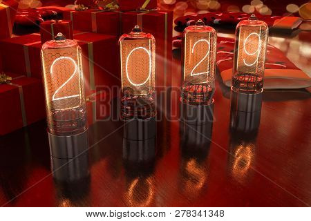 Year 2029 Is Displayed On Old Television Incandescent Lamps On The New Year Red Background, 3d Illus