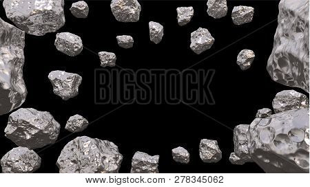 Abstract Background In The Space With Silver Asteroids. Copyspace Empthy Area. Can Be Used As A Deco