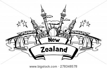 New Zealand Print Design. Oceanian Traditional Symbols And Attractions.