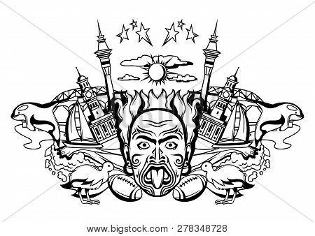 New Zealand Print Design. Oceanian Traditional Symbols And Attractions.