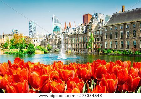 View Of Binnenhof - Dutch Parliament At Spring With Tulip Flowers, The Hague, Holland, Retro Toned