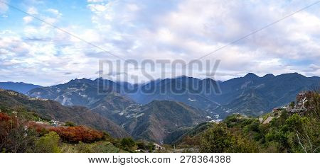 Panorama Nature Landscape Background Of Mountain View Under White Cloud And Blue Sky From Cingjing F