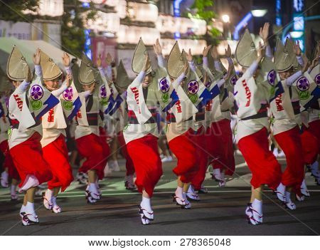 Tokyo - Aug 26 : Participants In The Awa Odori Festival In Tokyo, Japan On August 26 2018. Awa Odori
