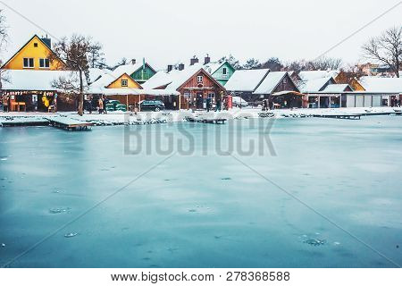 View From The Lake Galve To Trakai. Lithuania In Winter.