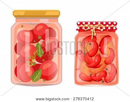 Tomato And Chili Pepper Pickled Salty Food Set. Vegetables In Brine Inside Jars With Greenery Or Spi
