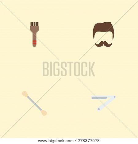Set Of Barber Icons Flat Style Symbols With Straight Razor, Coloring Brush, Swab And Other Icons For