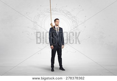 Burnout young elegant businessman trying to suicide with doodle concept