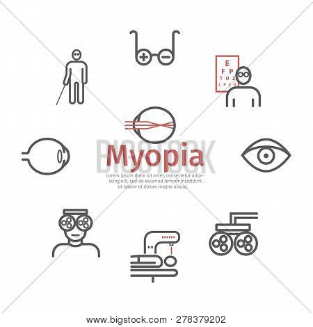 Myopia Banner. Line Icons Set. Vector Illustration For Websites, Magazines, Brochures. Medicine Sign