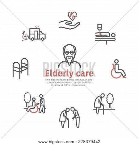 Elderly Services Banner. Line Icons Set. Care Help And Accessibility. Disabled People. Vector Illust