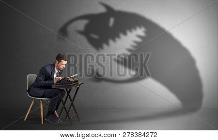 Little hard worker afraid of scary monster shadow
